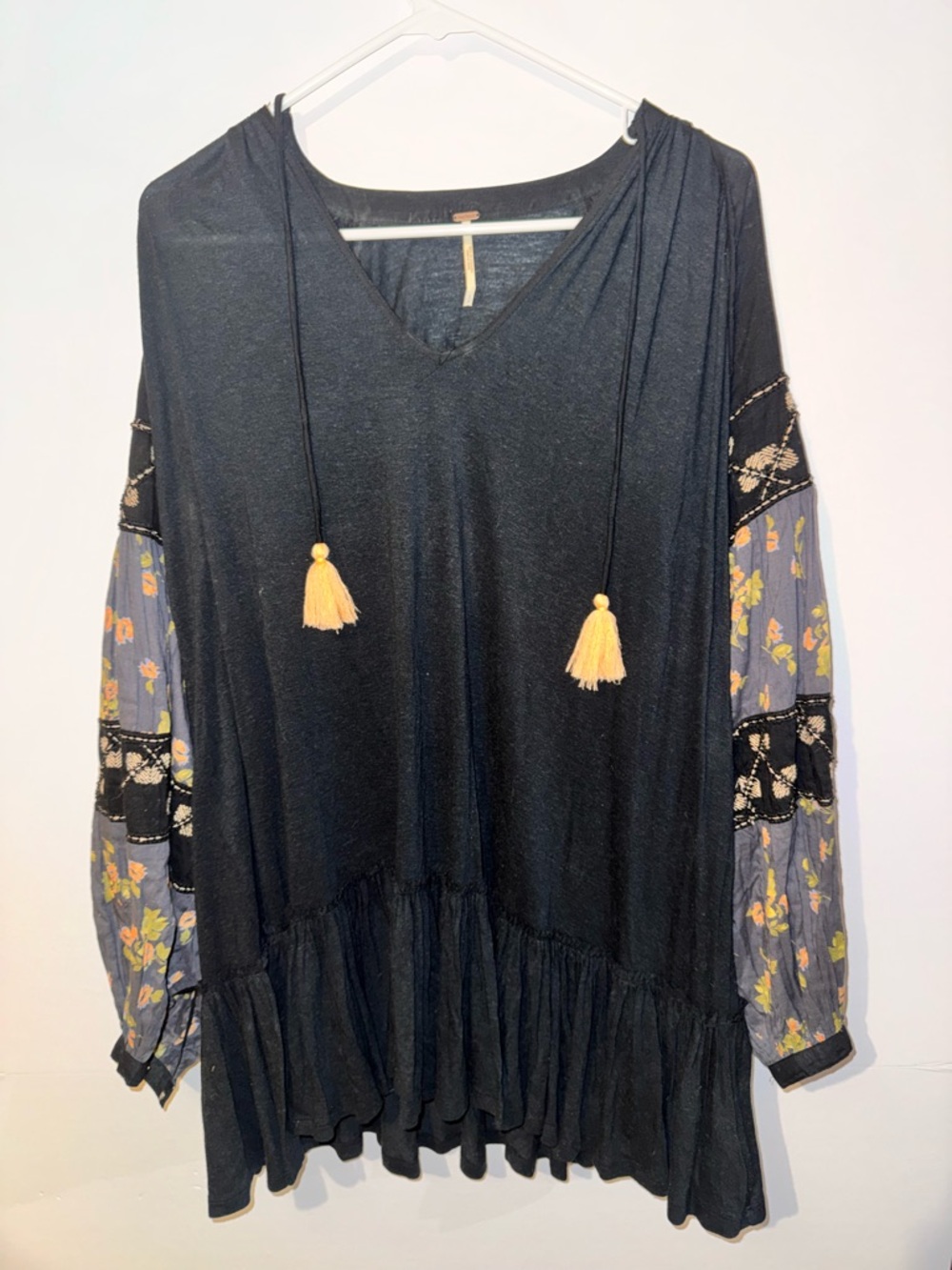 Free People Black V-Neck Tunic with Floral Sleeves and Yellow Tassels